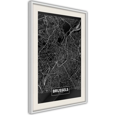 Πόστερ με κορνίζα City Map: Brussels (Dark) Άσπρη κορνίζα με πασπαρτού