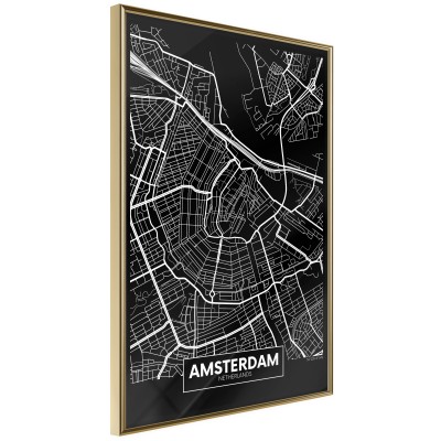 Πόστερ με κορνίζα City Map: Amsterdam (Dark) Χρυσή κορνίζα