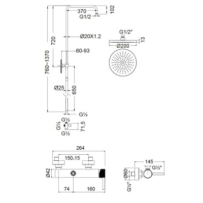 Στήλη ντους με Μπαταρία και κολώνα με ρυθμιζόμενο ύψος από 94cm - 122cm Armando Vicario Industrial Brushed Gold 512065-201