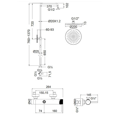 Στήλη ντους με Μπαταρία και κολώνα με ρυθμιζόμενο ύψος από 94cm - 122cm Armando Vicario Slim Antique Brass 500065-221