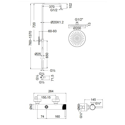 Στήλη ντους με Μπαταρία και κολώνα με ρυθμιζόμενο ύψος από 83cm - 144cm Armando Vicario Slim 500065-110 Inox