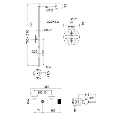 Στήλη ντους με Μπαταρία και κολώνα με ρυθμιζόμενο ύψος από 83cm - 144cm Armando Vicario Industrial 512065-110 Inox