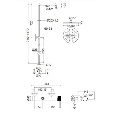 Στήλη ντους με Μπαταρία και κολώνα Σταθερού ύψους 117cm Armando Vicario Slim 500066-100