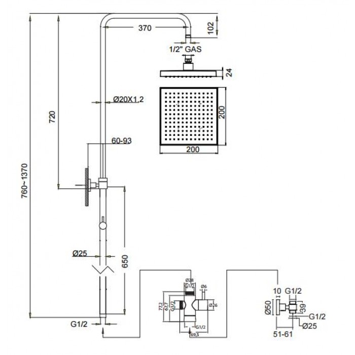 Ρυθμιζόμενη Στήλη Ντουζ 84-144cm Inox Eurorama Square 51400S-110