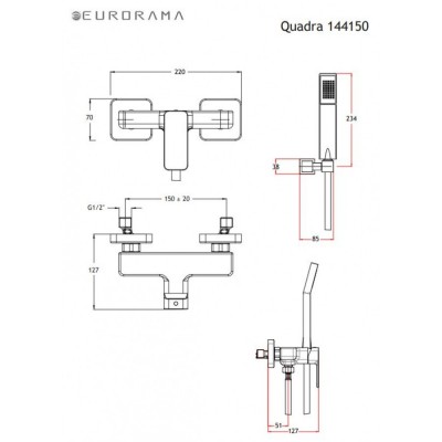 Αναμεικτική Μπαταρία Ντουζιέρας Πλήρες Σετ Inox Ασημί Eurorama Quadra 144150-110