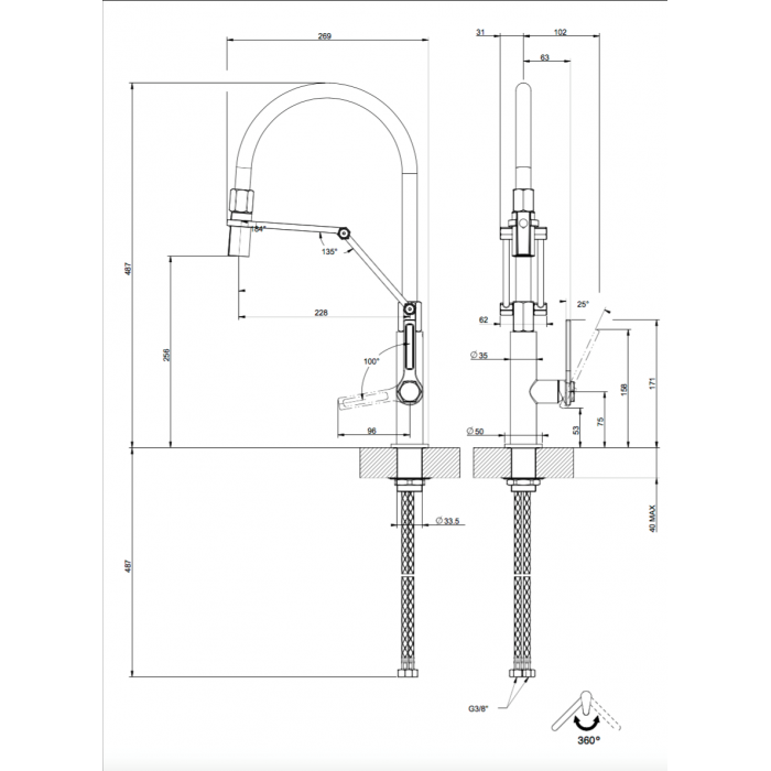 Μπαταρία Κουζίνας με ντους 2 ροών Gessi Officine 60055-149 Inox