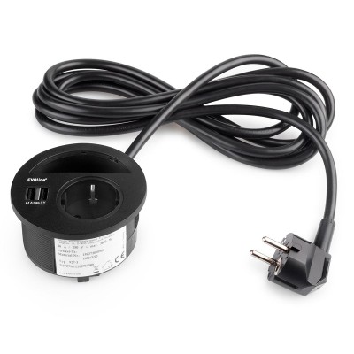 Πρίζα Γραφείου Ø80 mm Μαύρη με 2 θύρες USB και μια πρίζα Σούκο Emuca Circle 80 5048414