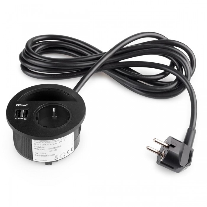 Πρίζα Γραφείου Ø80 mm Μαύρη με 2 θύρες USB και μια πρίζα Σούκο Emuca Circle 80 5048414