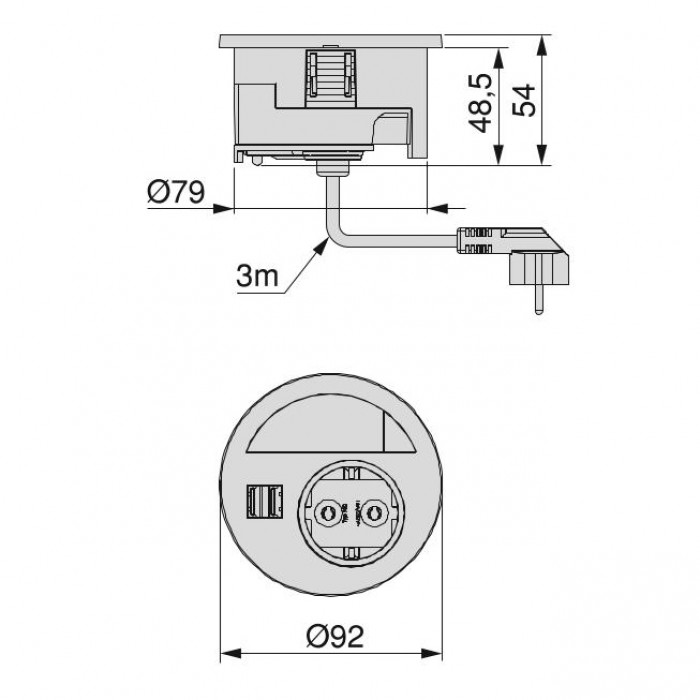 Πρίζα Γραφείου Ø80 mm Μαύρη με 2 θύρες USB και μια πρίζα Σούκο Emuca Circle 80 5048414