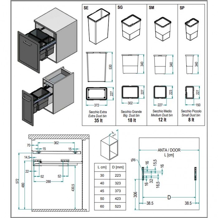 Πλαστικά Δοχεία απορριμμάτων συρόμενα No30 Ύψους 37.90cm πλατ.26.40cm βάθος 50.20cm (97LX/30-2AR) Qubika INOXA 0075-0720