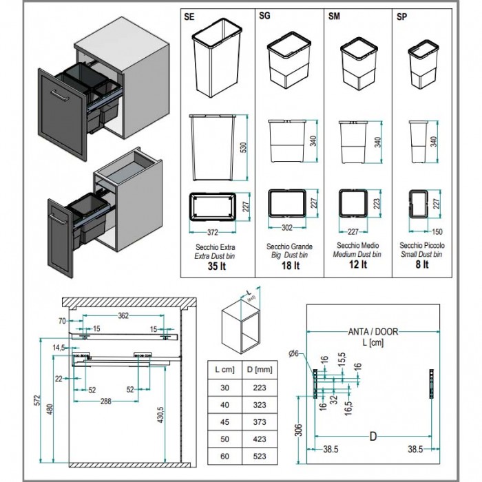 Δοχεία απορριμάτων συρόμενα No45 Ύψους 56.90cm πλατ.41.40cm βάθος 50.20cm (97LX/45-1AR) Qubika INOXA 0075-0723