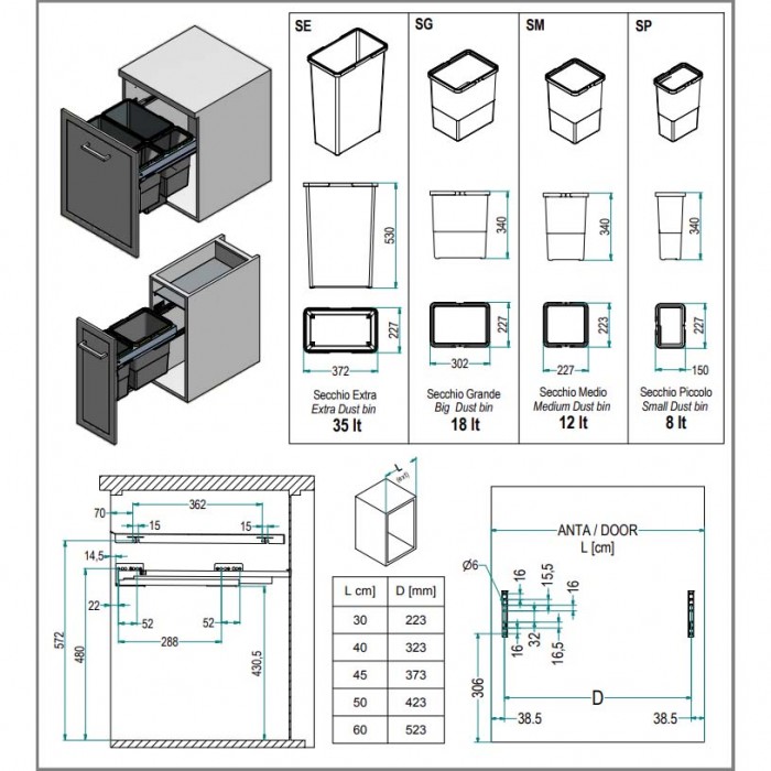 Πλαστικά Δοχεία απορριμμάτων συρόμενα No60 Ύψους 56.90cm πλατ.56.40cm βάθος 50.20cm (97LX/60-1AR) Qubika INOXA 0075-0726