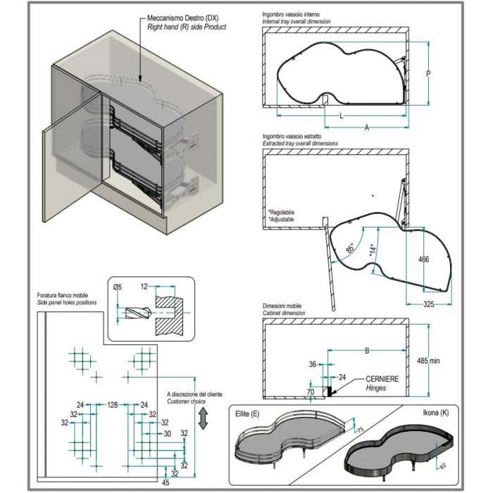 Μεταλλικός Μηχανισμός κουζίνας για τυφλό ντουλάπι φασόλι Inoxa Combis (846BH) για Δεξί Άνοιγμα Πόρτας 50εκ Ανθρακί 0075-7093