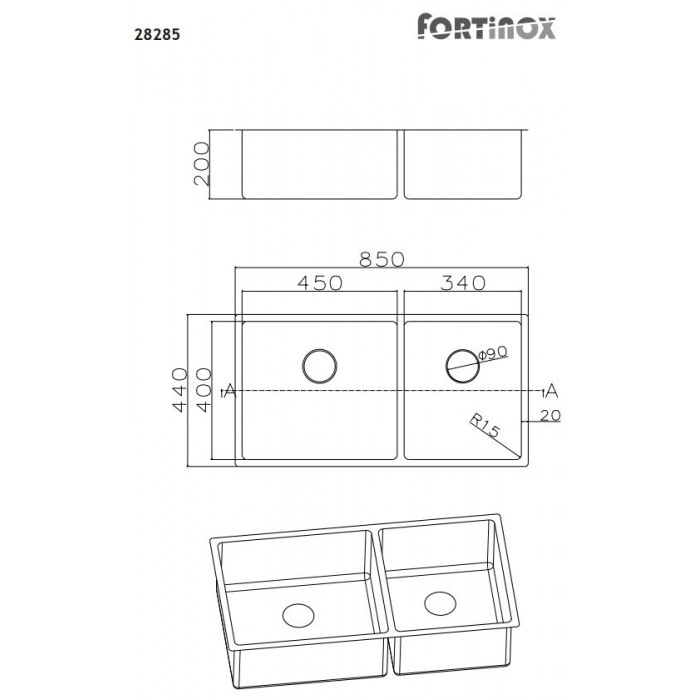 Ανοξείδωτος νεροχύτης Fortinox Squadro 28285-110 (85x44)