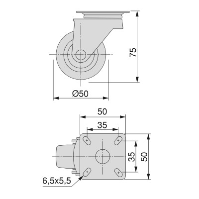 Ρόδες επίπλου με πλάκα στήριξης, D. 75 mm, Χάλυβας και πλαστικό, μαύρο, 4 τεμ 2009017