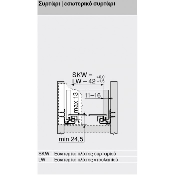 Οδηγός Κρυφός Ξύλινου Συρταριού 80% άνοιγμα Με Φρένο Blum 551H 46cm Βάθος