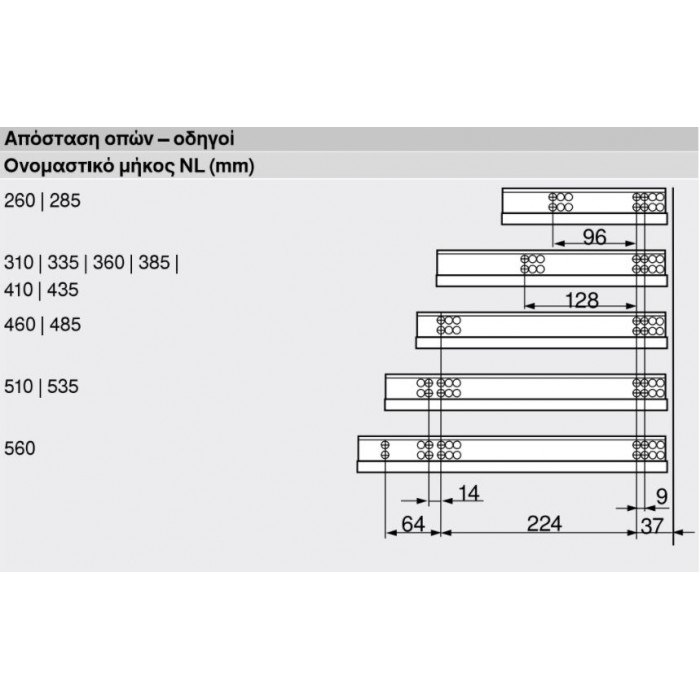 Οδηγός Κρυφός Ξύλινου Συρταριού 80% άνοιγμα Με Φρένο Blum 551H 46cm Βάθος
