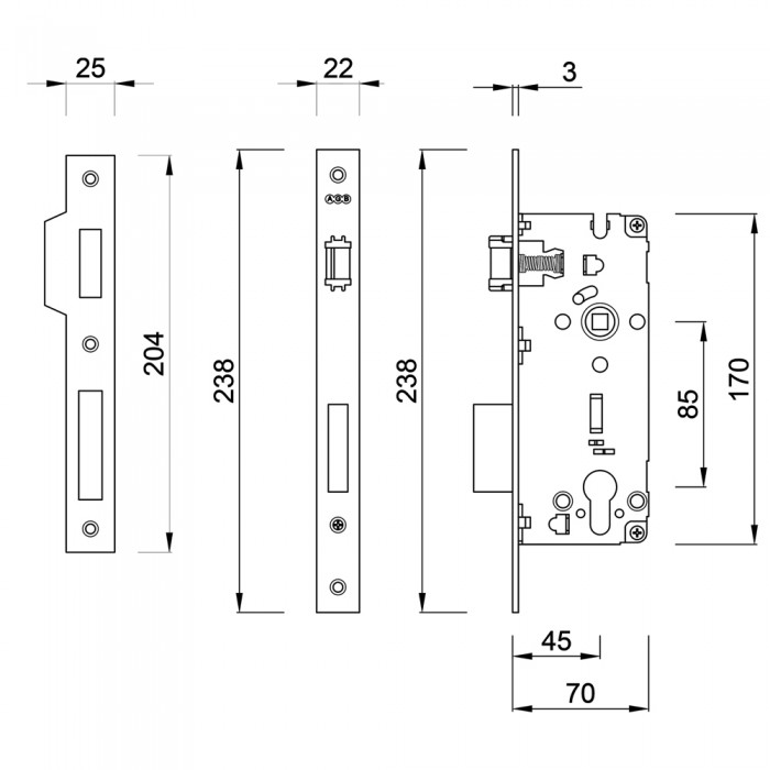 Κλειδαριά Εξώπορτας Κυλίνδρου Τετράγωνη με κέντρο 45-85mm Χρυσή AGB F22 Sicurezza