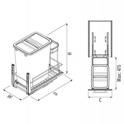 Κάδος Απορριμμάτων 35+1lt με Κάτω Τηλεσκοπικό Οδηγό για Ερμάριο 40cm διαστάσεων 265x510x530mm Ανθρακί Starax S-2597-A