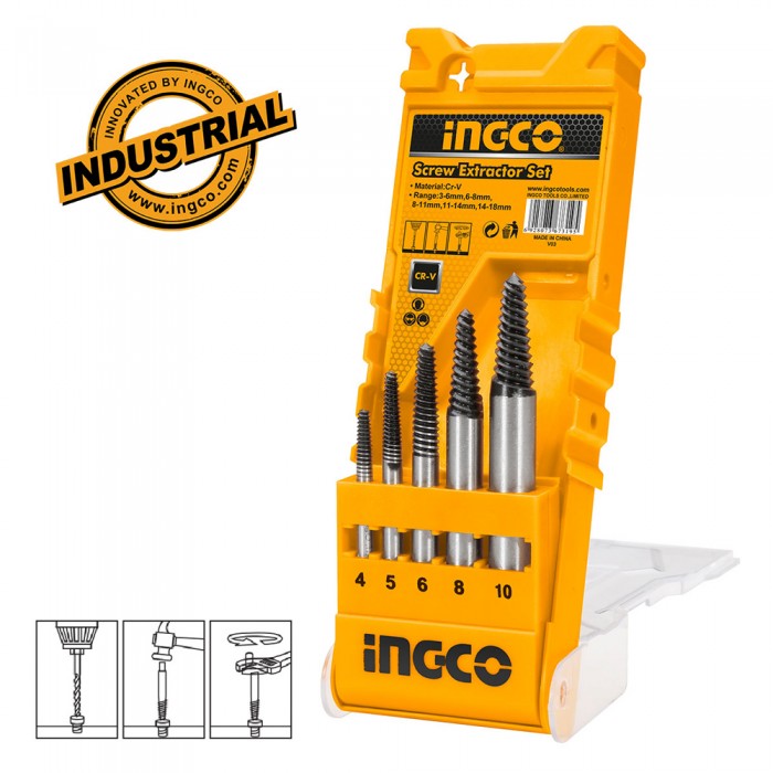 Εξωλκείς Βιδών 3-18mm Σετ 5 τεμαχίων σε Πλαστική Κασετίνα INGCO ASE008