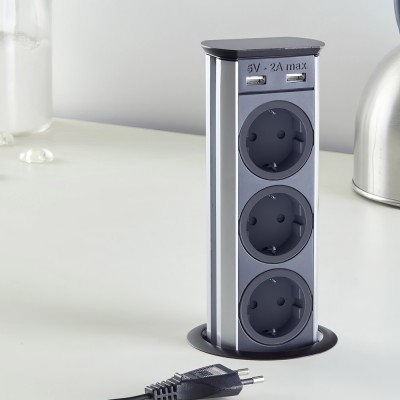 Πρίζα αναδυόμενη με 3 Sockets + 2 USB Μαύρη  SFL Brick 0244-0031