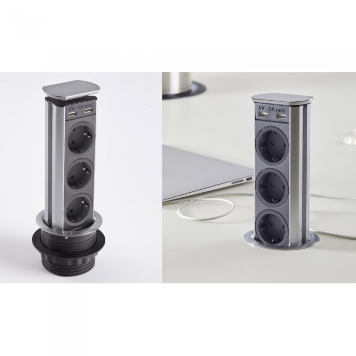 Πρίζα αναδυόμενη με 3 Sockets + 2 USB Νικελ Ματ  SFL Brick 0244-0030