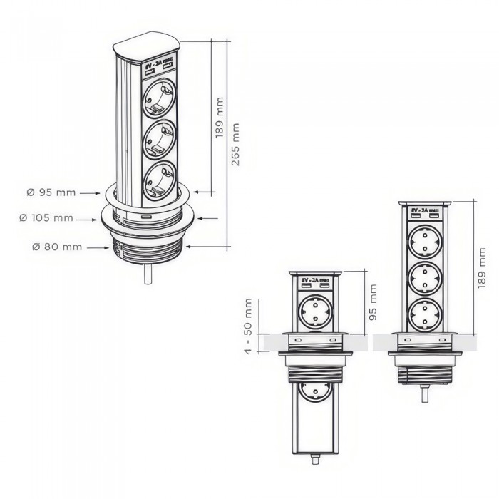 Πρίζα αναδυόμενη με 3 Sockets + 2 USB Νικελ Ματ  SFL Brick 0244-0030