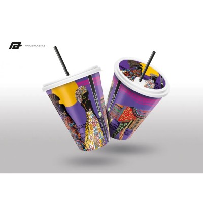 Ποτήρι Πλαστικό Επαναχρησιμοποιούμενο PP Injection με Καπάκι 300ml με Εκτυπωση Afrika Thrace Plastics 80 Τεμάχια