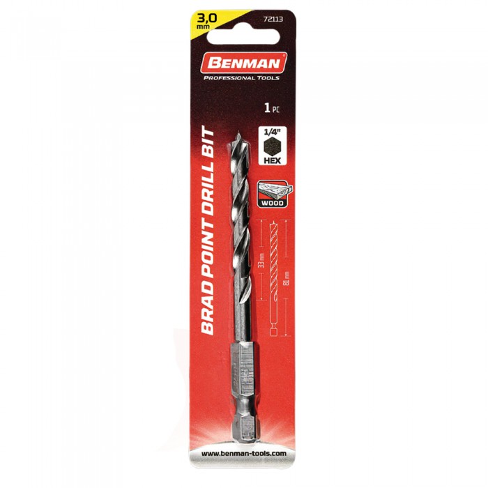 Τρυπάνι Ξύλου με Εξάγωνο Στέλεχος 1/4" 3mm x 81mm BENMAN 72113