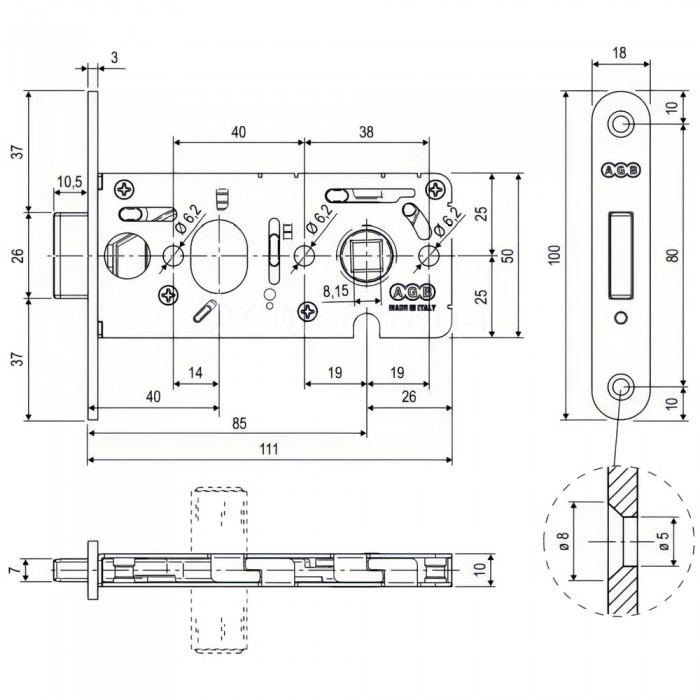 Κλειδαριά με Πόμολο AGB Vitra με πρόσοψη 100x18mm και κύλινδρο κλειδιού 48mm σε χρώμα νίκελ ματ