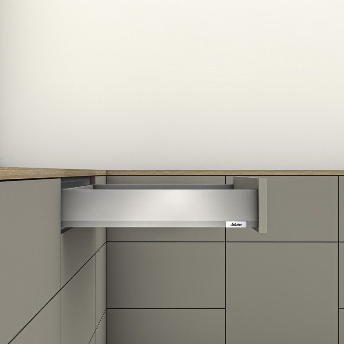 Μεταλλικό συρτάρι Blum MerivoBox -M-  με ύψος 10.8cm και Βάθος 50cm και αντοχή φορτίου 40 kg σε χρώμα Γκρι Ανοιχτό (Grey Indium)