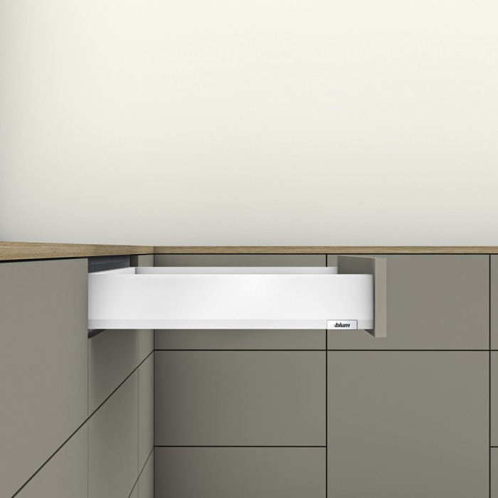 Μεταλλικό συρτάρι Blum MerivoBox -M-  με ύψος 10.8cm και Βάθος 50cm και αντοχή φορτίου 40 kg σε χρώμα Λευκό (White Satine)