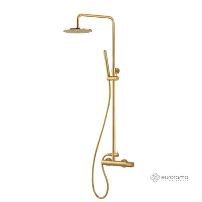 Μπαταρία Ντουζιέρας Θερμομικτική Oso 2 Εξόδων με Κολώνα Φ20/25 Mm Ρυθμιζόμενου Ύψους 83-144 Cm Ανακλινόμενη Κεφαλή Φ22,5 Cm &Τηλέφωνο με Άθραυστο Σπιράλ 1.5m Eurorama 178065-201 Gold