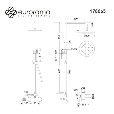 Μπαταρία Ντουζιέρας Θερμομικτική Oso 2 Εξόδων με Κολώνα Φ20/25 Mm Ρυθμιζόμενου Ύψους 83-144 Cm Ανακλινόμενη Κεφαλή Φ22,5 Cm &Τηλέφωνο με Άθραυστο Σπιράλ 1.5m Eurorama 178065-201 Gold