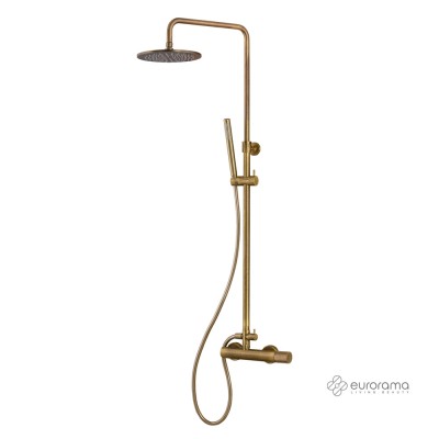 Μπαταρία Ντουζιέρας Θερμομικτική Oso 2 Εξόδων με Κολώνα Φ20/25 Mm Ρυθμιζόμενου Ύψους 83-144 Cm Ανακλινόμενη Κεφαλή Φ22,5 Cm &Τηλέφωνο με Άθραυστο Σπιράλ 1.5m Eurorama 178065-221 Βronze Brushed