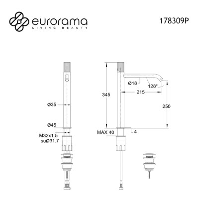 Μπαταρία Νιπτήρος Oso Θερμομικτική Υψηλή Για Επιτραπέζιους Νιπτήρες με Βαλβίδα Clic-Clac Eurorama 178309P-110 Inox finish