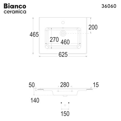 Νιπτήρας Μπάνιου Flat 62,5x46,5 Επικαθήμενος με 1 Οπή Για Μπαταρία Bianco Ceramica 36060-300 Λευκό Γυαλιστερό
