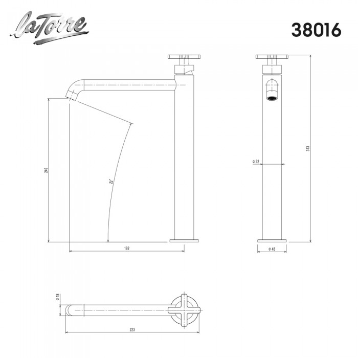 Μπαταρία Νιπτήρος Θερμομικτική Elle Cross Υψηλή Για Επιτραπέζιους Νιπτήρες με Βαλβίδα Clic-Clac La Torre 38016-400 Black Matt