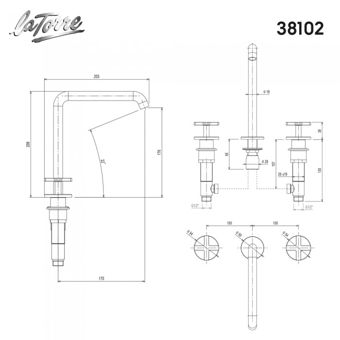 Μπαταρία Νιπτήρος Θερμομικτική Επικαθήμενη 3 Οπών Elle Cross με Βαλβίδα Clic-Clac La Torre 38102-400 Black Matt