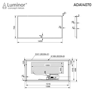 Καθρέπτης Adagio Music 140x70 cm Φωτιζόμενος Led με Ενσωματωμένο Σύστημα Ηχείων Bluetooth  Luminor ADA14070
