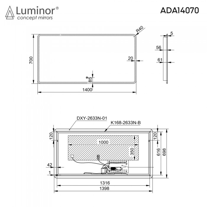 Καθρέπτης Adagio Music 140x70 cm Φωτιζόμενος Led με Ενσωματωμένο Σύστημα Ηχείων Bluetooth  Luminor ADA14070
