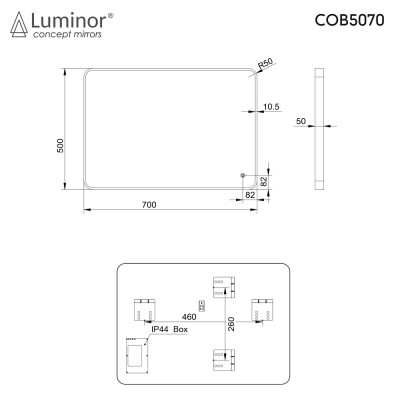 Καθρέπτης Cob Light 50x70 cm Φωτιζόμενος Led με Μαύρο μεταλλικό Πλαίσιο Luminor COB5070 Black Matt