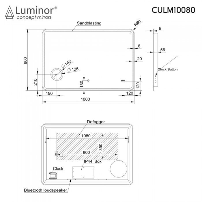 Καθρέπτης Cult 100x80 cm Φωτιζόμενος Led με Ενσωματωμένο μεγεθυντικό X3 Καθρέπτη Μακιγιάζ Φ18 Ψηφιακό Ρολόι Και με Ενσωματωμένο Σύστημα Ηχείων Bluetooth Luminor CULM10080