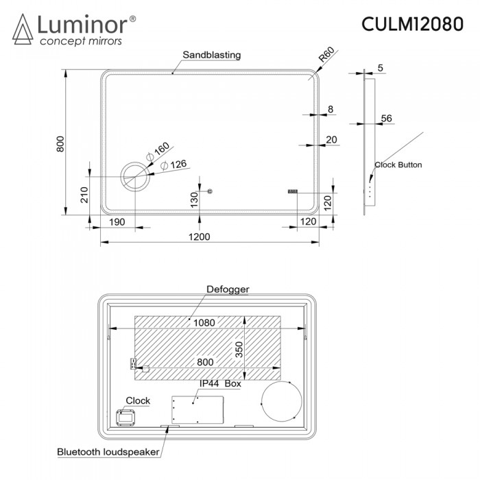Καθρέπτης Cult 120x80 cm Φωτιζόμενος Led με Ενσωματωμένο μεγεθυντικό X3 Καθρέπτη Μακιγιάζ Φ18 Ψηφιακό Ρολόι Και με Ενσωματωμένο Σύστημα Ηχείων Bluetooth Luminor CULM12080