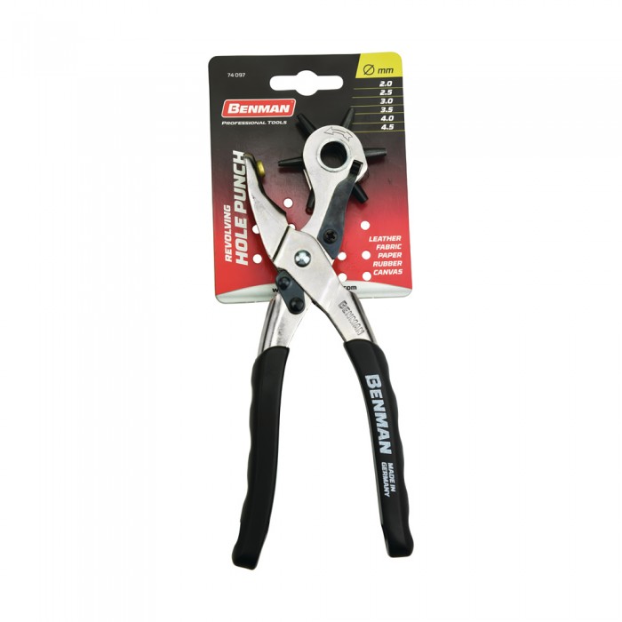 Πένσα διάνοιξης οπών BENMAN 74097 με 6 κεφαλές (2–4,5mm), υπομόχλιο για ευκολότερο τρύπημα και εργονομική λαβή. Για δέρμα, ύφασμα, καουτσούκ, μουσαμά