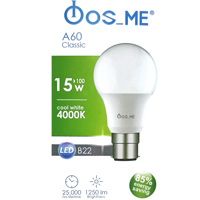 Λάμπα Led Fos_Me 15W 4000K 1250Lumens Ψυχρό φως ημέρας B22 (ΜΠΑΓΙΟΝΕΤ) Ø60x120mm 44-05011