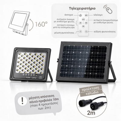 Ηλιακός Προβολέας LED 100W 1050lm 3CCT IP65 με Πάνελ 12W Μαύρος ΦOS_ME 47-00723