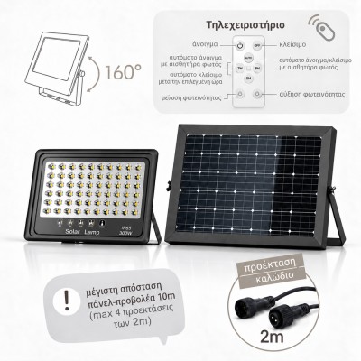 Ηλιακός Προβολέας LED 300W 2450lm 3CCT IP65 με Πάνελ 25W Μαύρος ΦOS_ME 47-00725