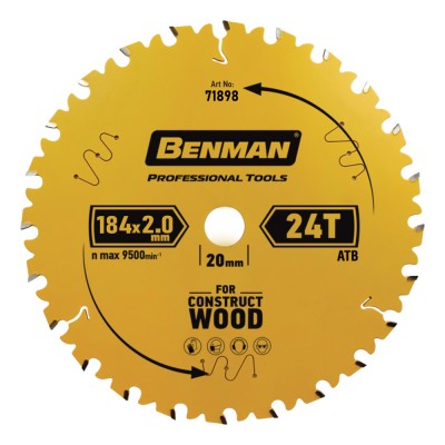 Πριονόδισκος για Δισκοπρίονο 184x2.0mm/20mm, 24T Benman Construct Wood 71898
