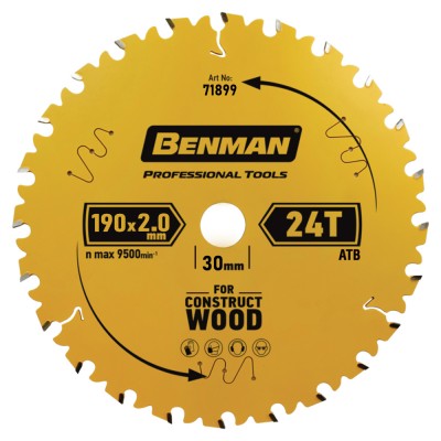 Πριονόδισκος για Δισκοπρίονο 190x2.0mm/30mm, 24T Benman Construct Wood 71899